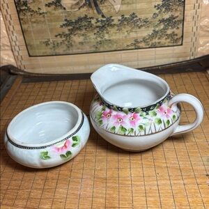 Hand Painted Japan Creamer and Small Bowl w Azaleas Dots Dark Border Coordinated